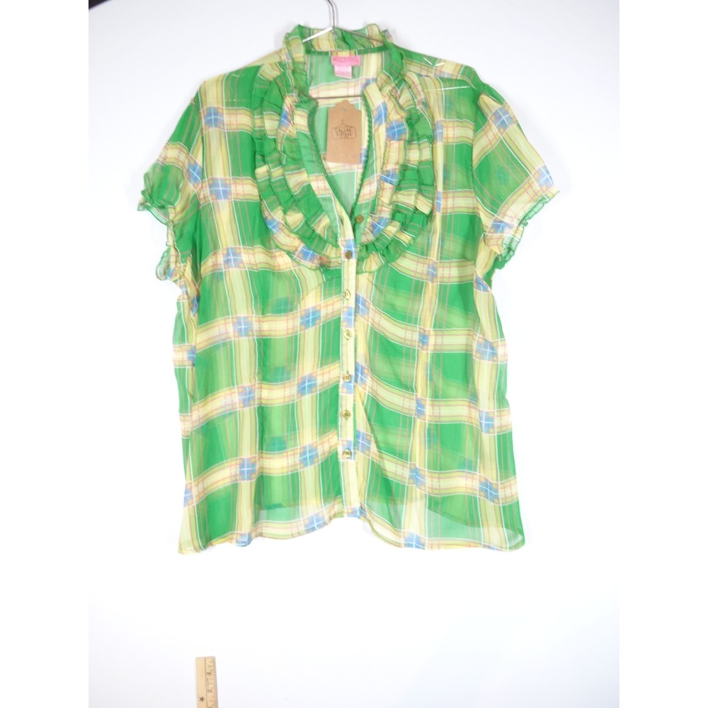 Y2K She's Cool Blouse 3X Green Plaid Ruffle V-Neck Cotton Cottagecore Boho